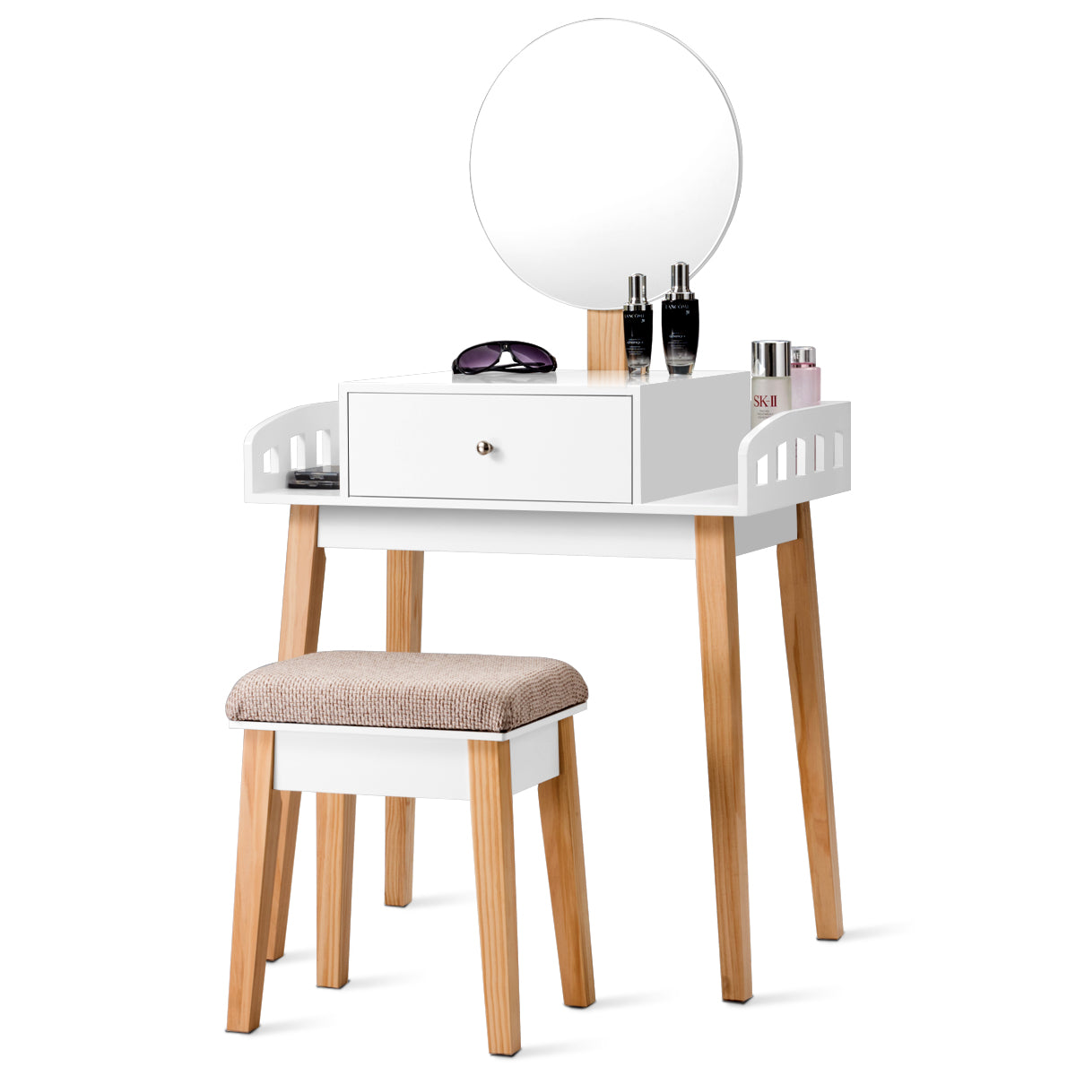 Topbuy Wooden Vanity Makeup Dressing Table Round Mirror Cushioned Stool with 1 Drawer