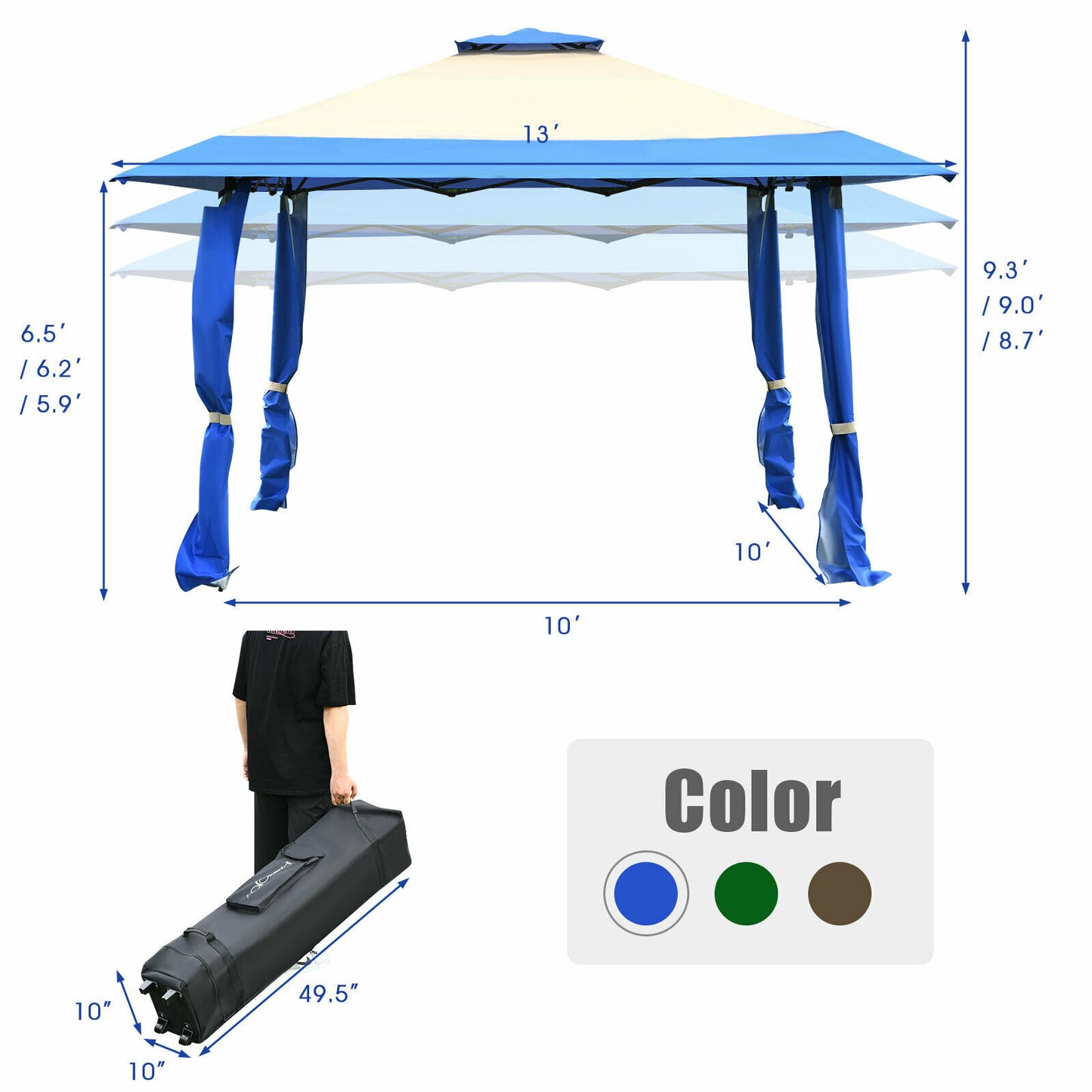 Topbuy 13'x13'Folding Gazebo Canopy Patio Outdoor Tent Beach Party Shade Shelter Blue/Green