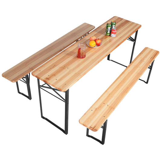 Topbuy 70'' 3-Piece Folding Beer Table Wooden Portable Picnic Seating Set