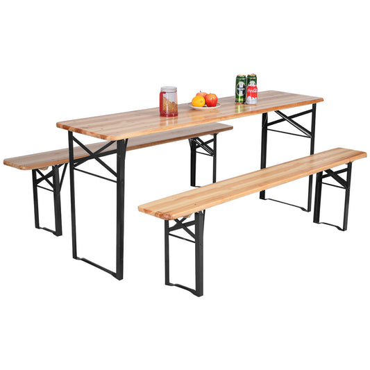 Topbuy 70'' 3-Piece Folding Beer Table Wooden Portable Picnic Seating Set