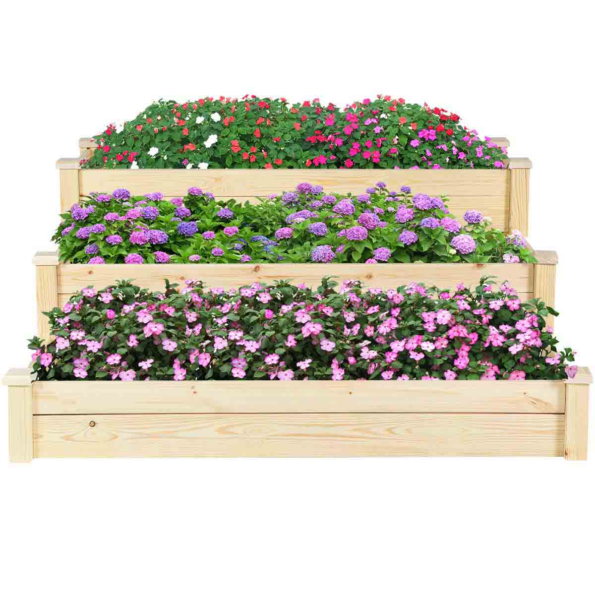 Topbuy 3 Tier Wooden Raised Garden Bed Planting Box Growing Flower Vegetables Outdoor