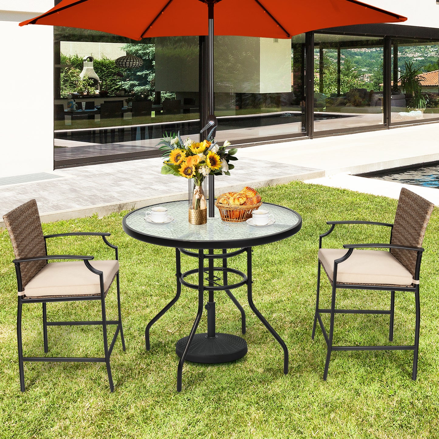 Topbuy Patio Round Table Patio Furniture Steel Frame Dining Table w/ Glass Top