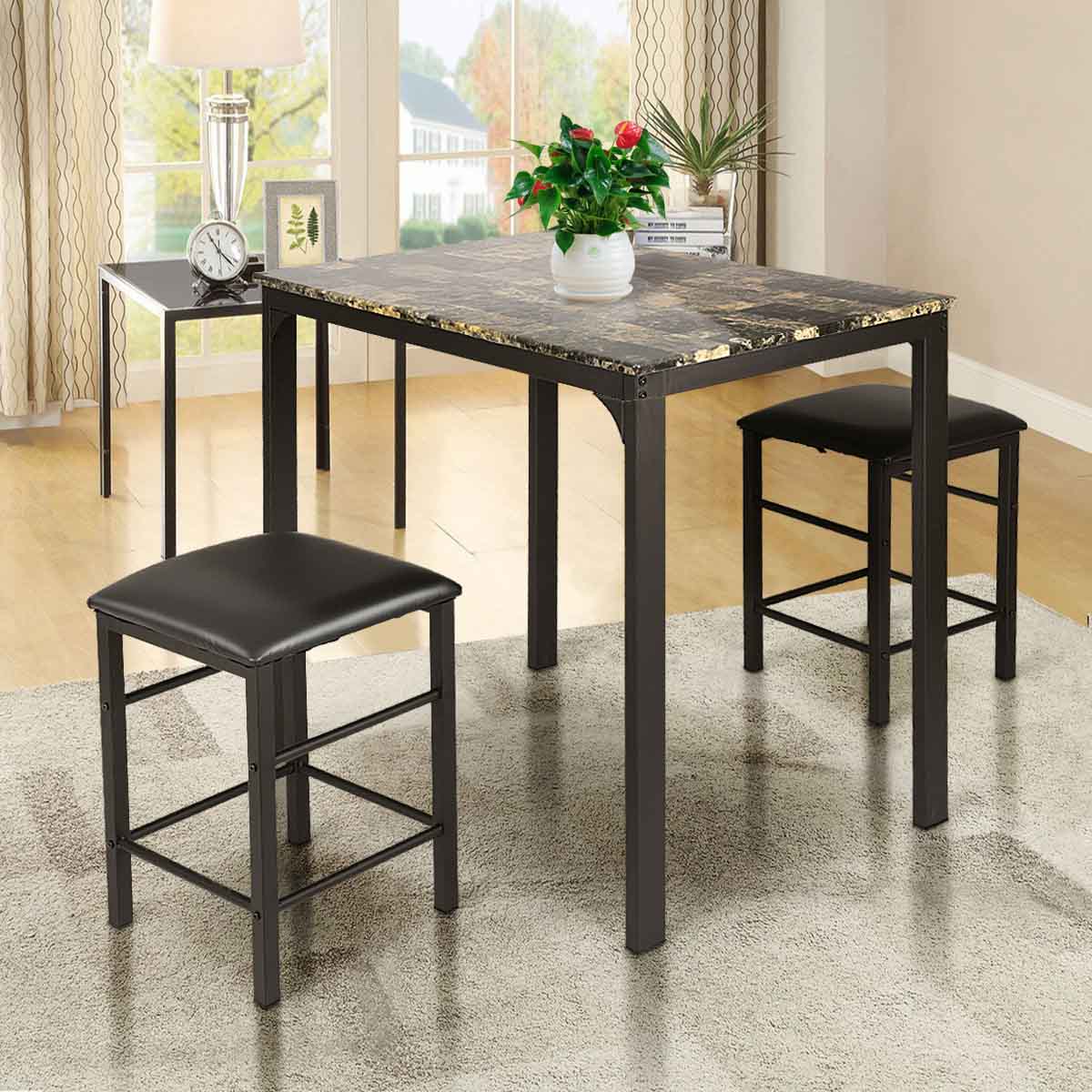 Topbuy 3PCS Counter Height Table Set 2 Chairs Bar Dining Room Faux Marble Black/White/Coffee