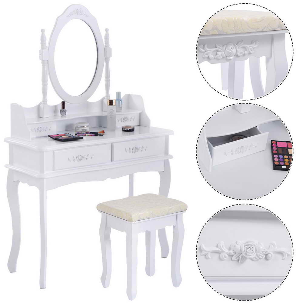 Topbuy 4 Drawers Old-fashioned Vanity Mirror Makeup Dressing Table Set w/ Stool