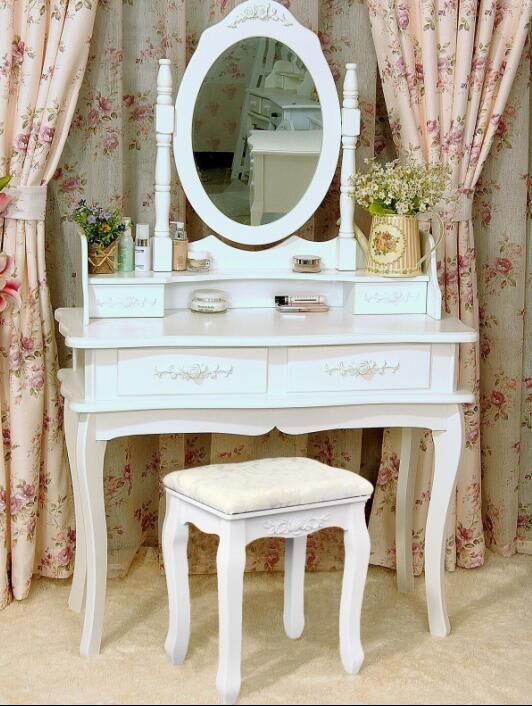 Topbuy 4 Drawers Old-fashioned Vanity Mirror Makeup Dressing Table Set w/ Stool