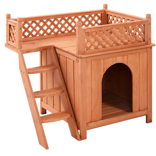 Topbuy Wooden Puppy Dog House Wood Pet Room w/ Raised Roof for Balcony