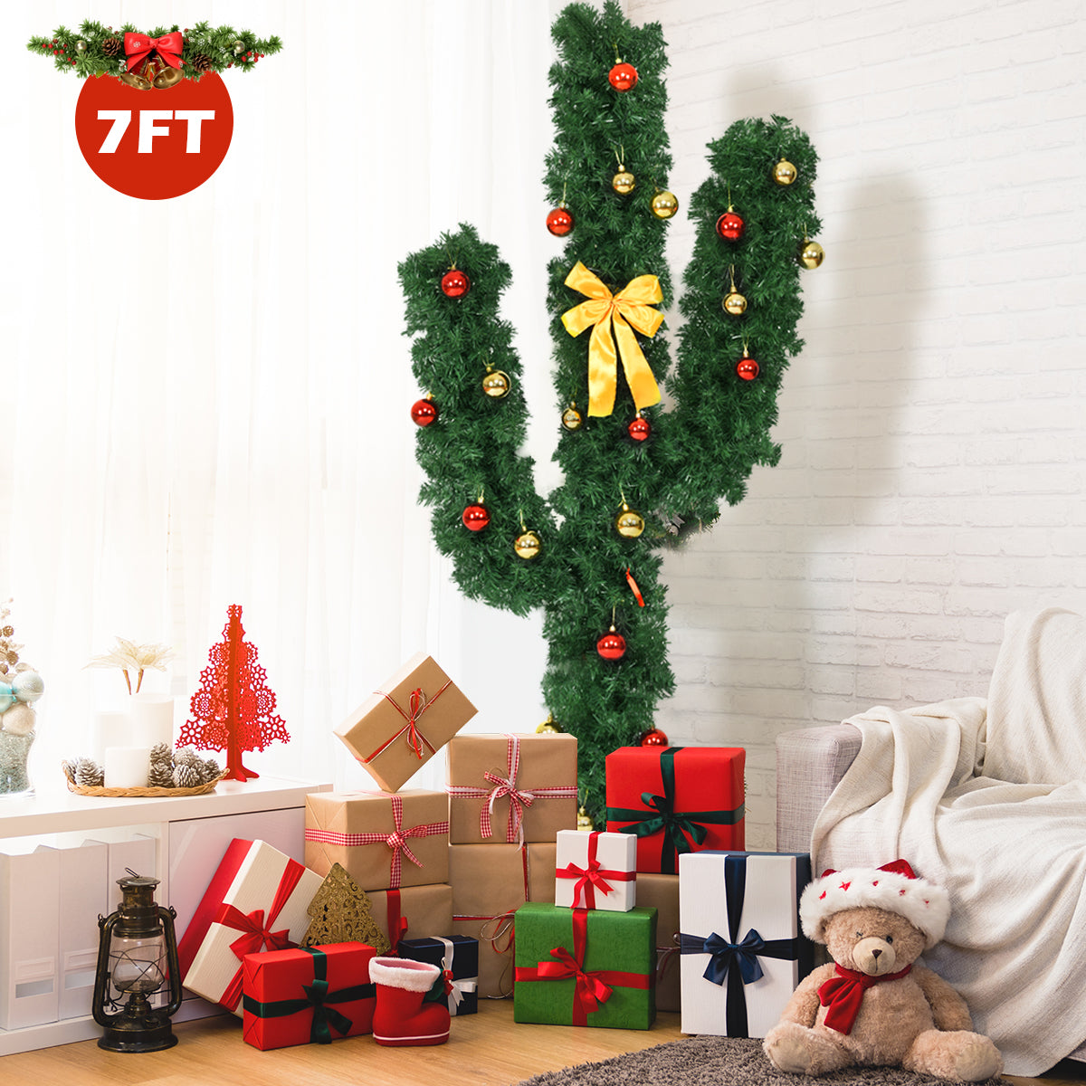 Topbuy 7' Artificial Cactus Christmas Tree Pre-Lit Optical Fiber w/ LED Lights & Ball Ornaments