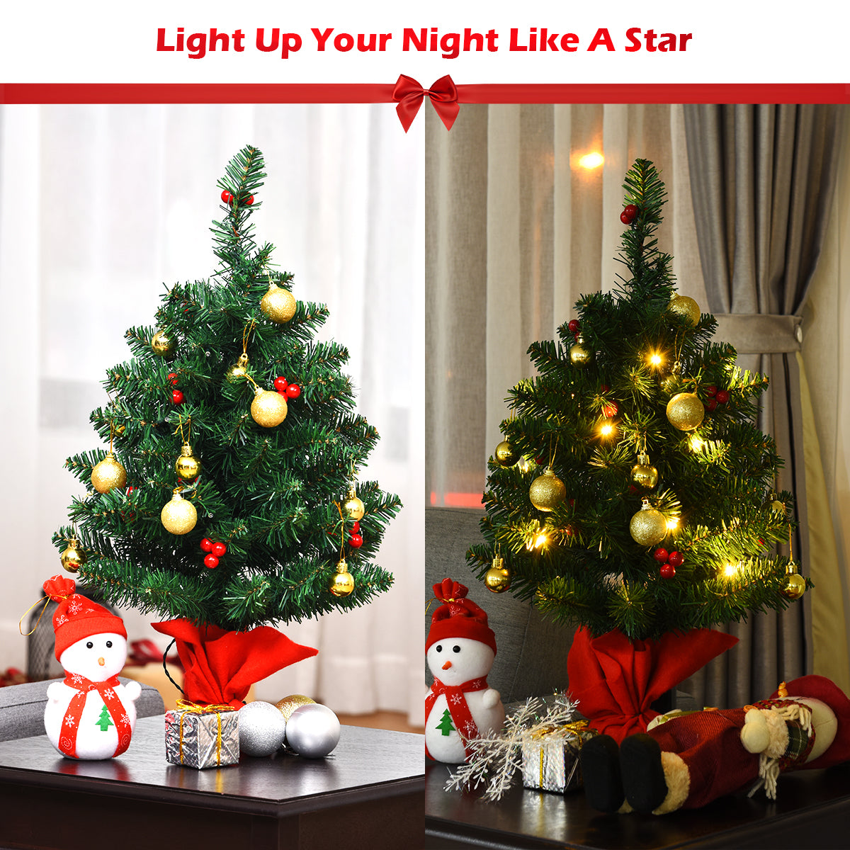 Topbuy 24'' Artificial Christmas Tree Pre-Lit LED Lights w/ Ball Ornaments