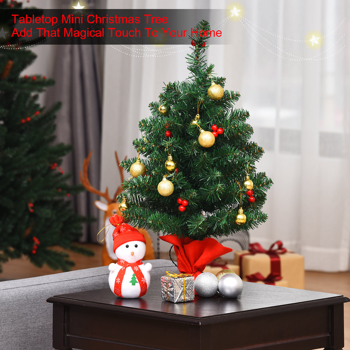 Topbuy 24'' Artificial Christmas Tree Pre-Lit LED Lights w/ Ball Ornaments