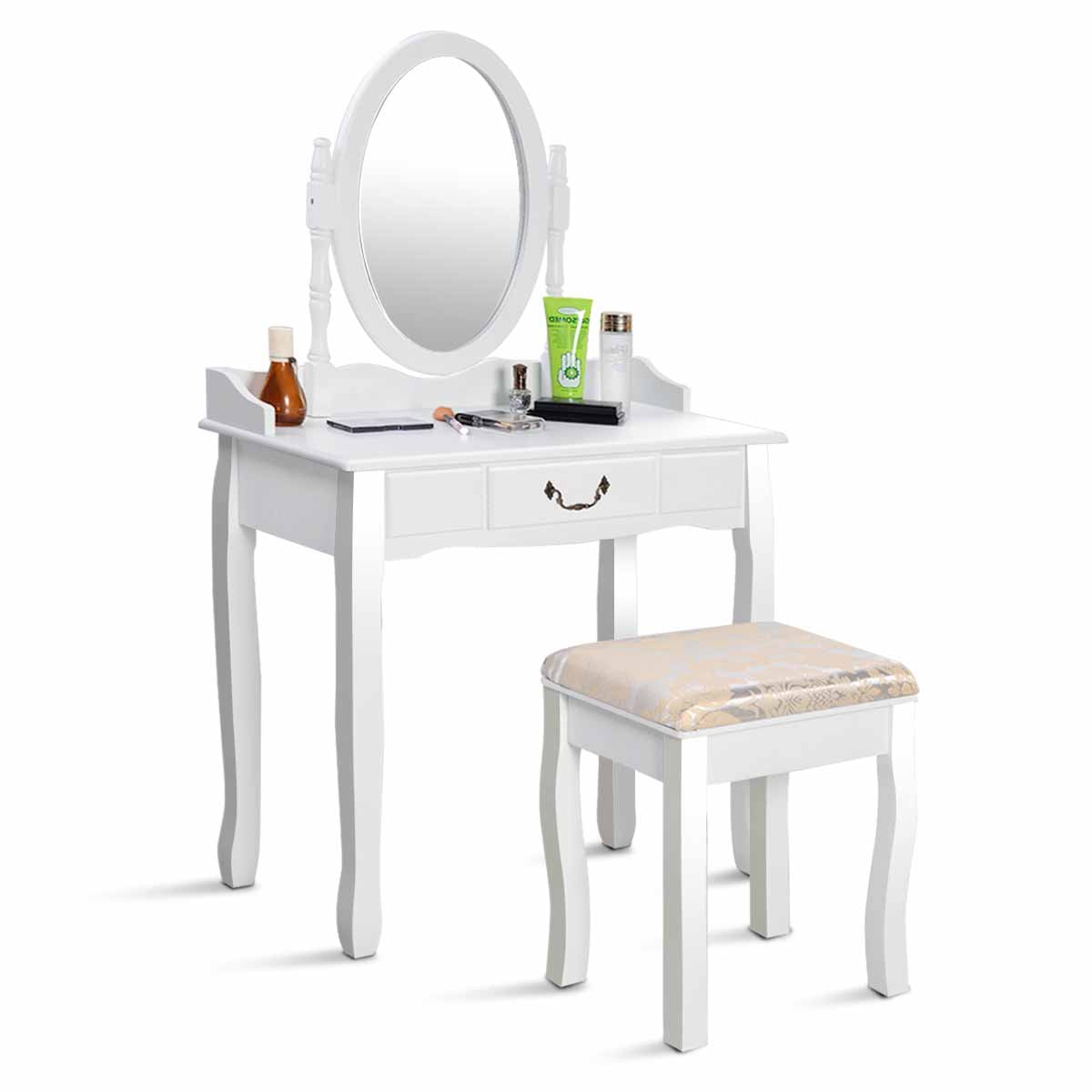 Topbuy Vanity Table Jewelry Makeup Desk with Padded Bench bathroom Dresser w/ Drawer White