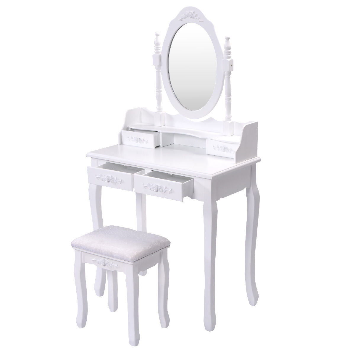 Topbuy 4 Drawer Mirror Wood Desk Vanity Jewelry Makeup Dressing Table Set w/Stool White