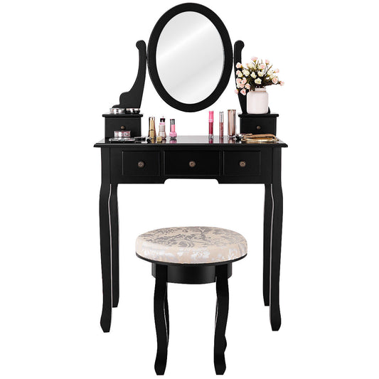 Topbuy 5 Drawers Rotatable Vanity  Dressing Makeup Table Set w/  Cushioned Stool Black