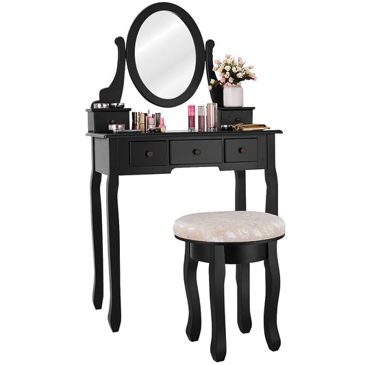 Topbuy 5 Drawers Rotatable Vanity  Dressing Makeup Table Set w/  Cushioned Stool Black