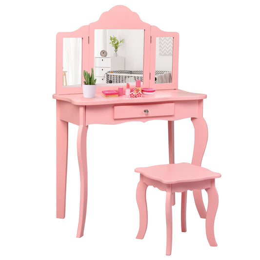 Topbuy Wooden Vanity Table with Triple Folding Mirror & Stool for Kids Pink