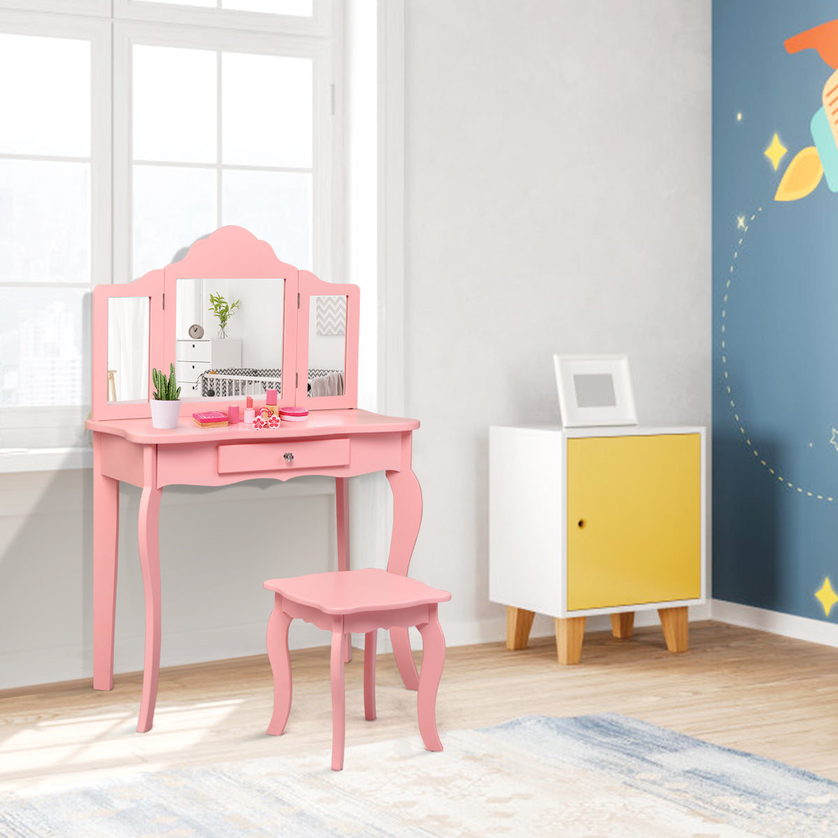 Topbuy Wooden Vanity Table with Triple Folding Mirror & Stool for Kids Pink