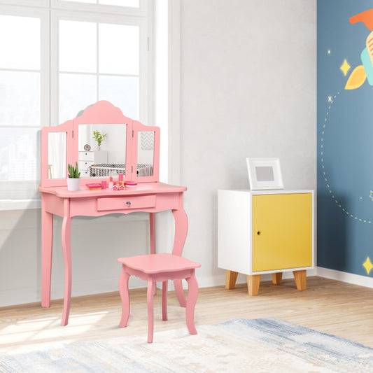 Topbuy Wooden Vanity Table with Triple Folding Mirror & Stool for Kids Pink