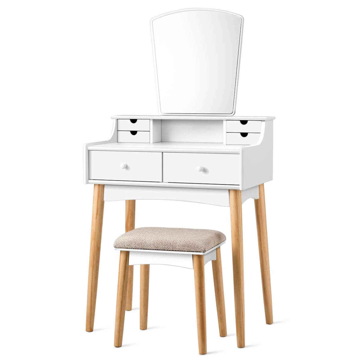 Topbuy 6 Drawer Vanity Mirror Beauty Dressing Table Set w/ Cushioned Seat Modern White