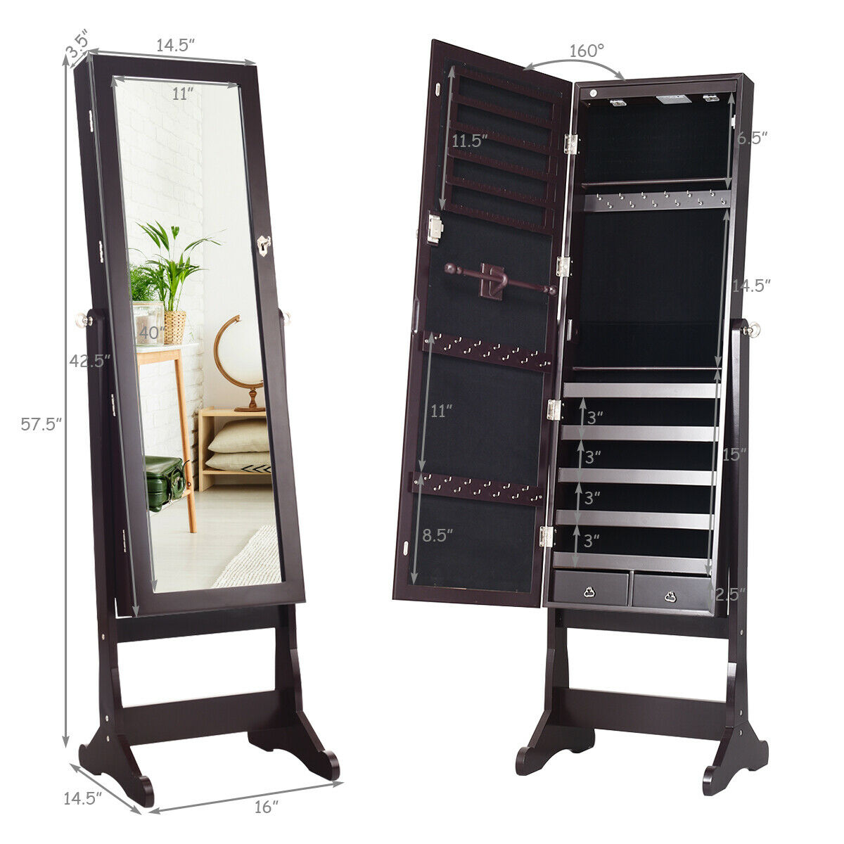 Topbuy Lockable Lighting Mirrored Jewelry Cabinet Dressing Storage Box with LED lights Brown