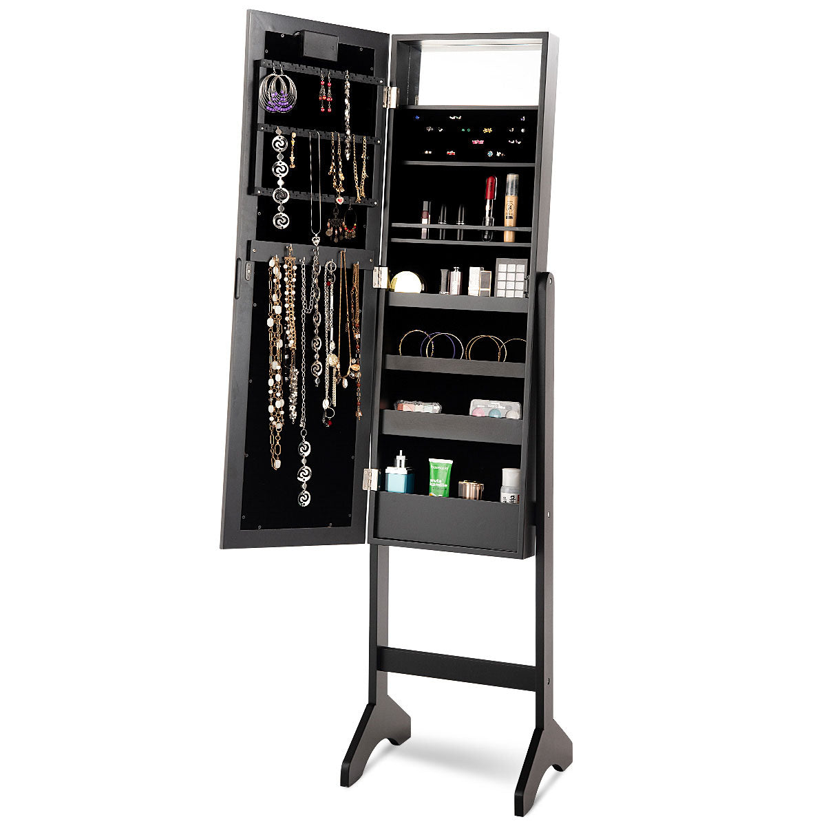 Topbuy LED Lighting Mirrored Jewelry Cabinet Armoire Free Standing Dressing Organizer Black