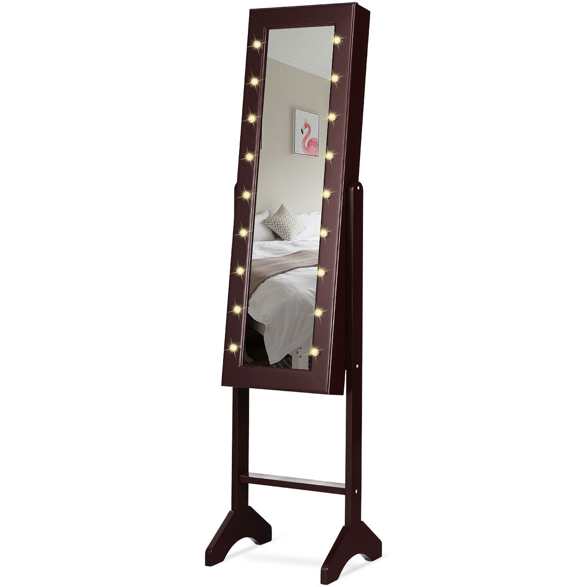 Topbuy LED Lighting Mirrored Jewelry Cabinet Armoire Free Standing Dressing Organizer Coffee