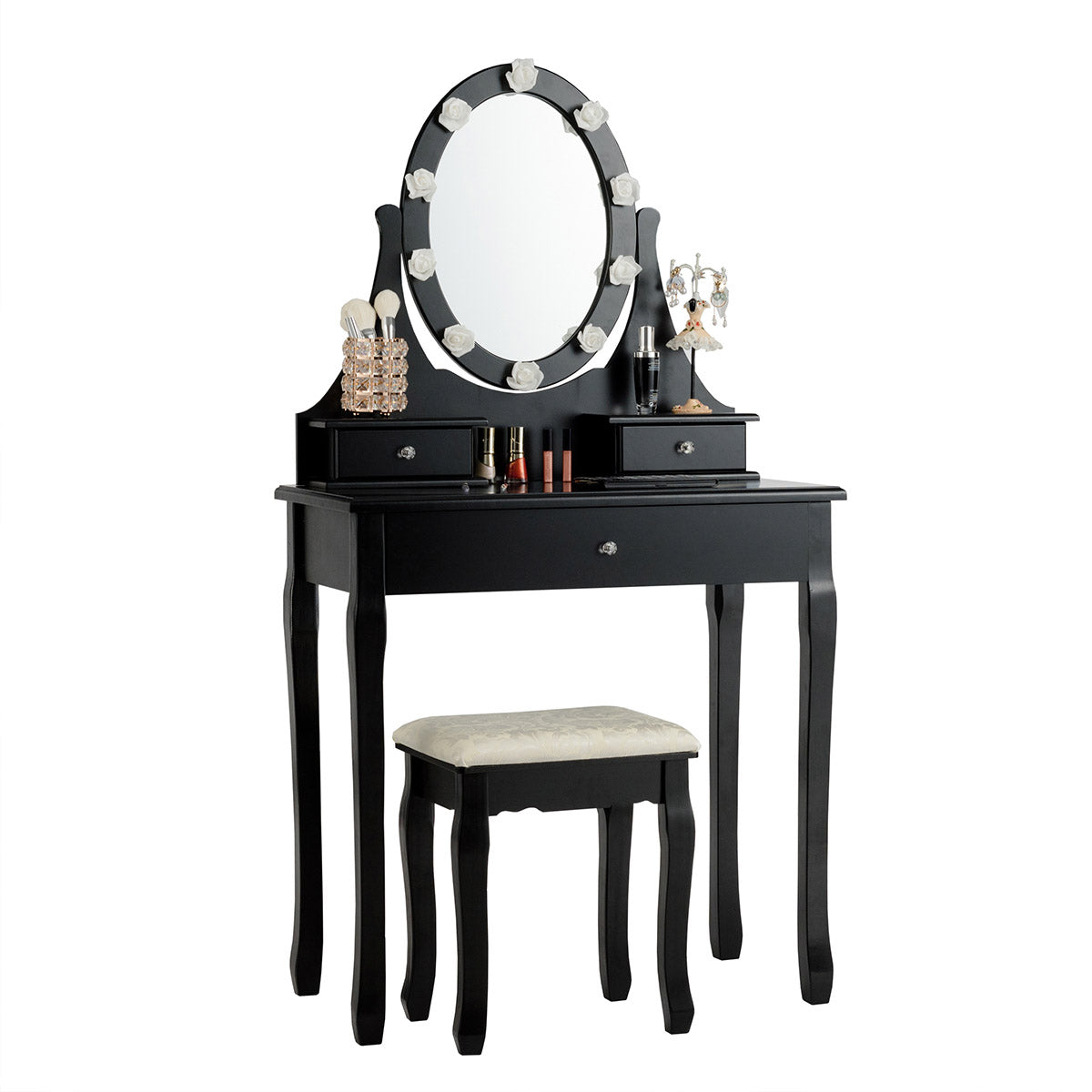 Topbuy Lighted Vanity Mirror Set Makeup Dressing Table w/ 3 Drawers Mirror & 10 LED Bulbs Black