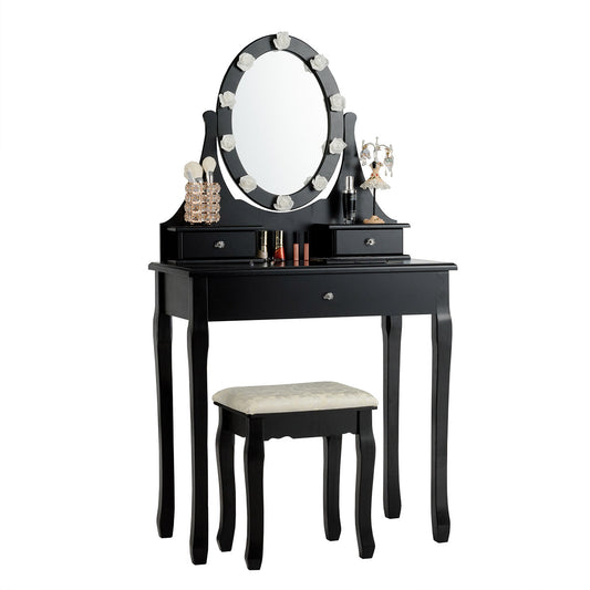 Topbuy Lighted Vanity Mirror Set Makeup Dressing Table w/ 3 Drawers Mirror & 10 LED Bulbs Black