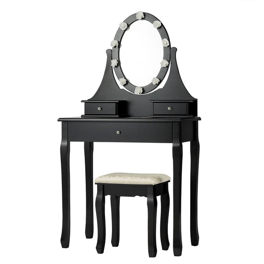 Topbuy Lighted Vanity Mirror Set Makeup Dressing Table w/ 3 Drawers Mirror & 10 LED Bulbs Black