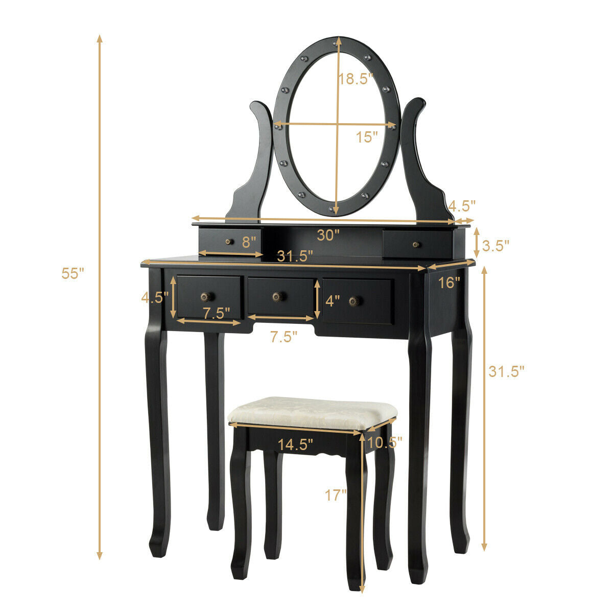 Topbuy Lighted Vanity Mirror Set Makeup Dressing Table w/ 5 Drawers Mirror & 12 LED Bulbs Black