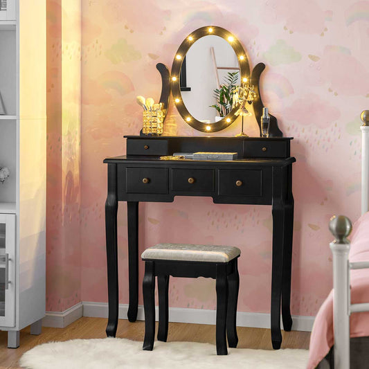 Topbuy Lighted Vanity Mirror Set Makeup Dressing Table w/ 5 Drawers Mirror & 12 LED Bulbs Black