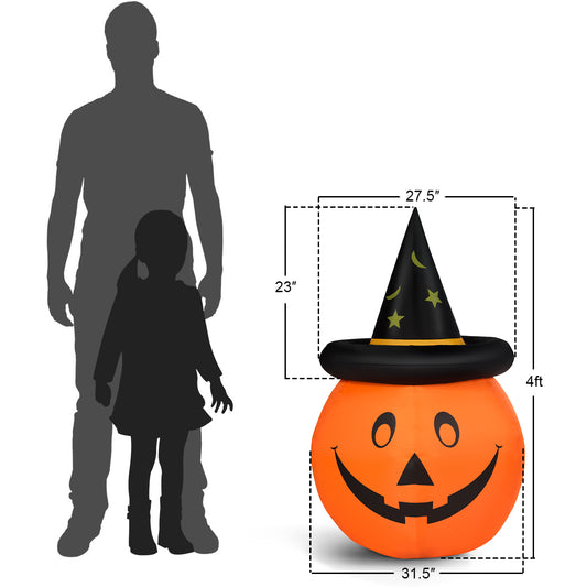 Topbuy Inflatable 4ft Capped Pumpkin Blow Up Lantern Giant Wizard Witch Hat w/ LED Halloween Decoration