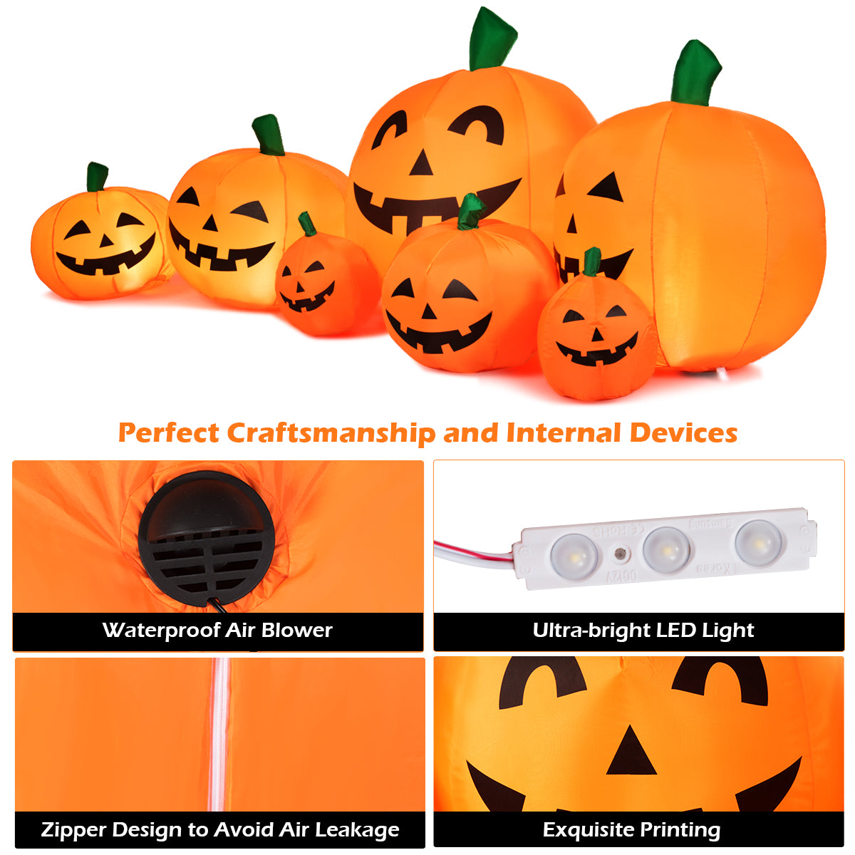 Topbuy 7.5FT Air-blow 7 Pumpkins Patch Inflatable Pumpkins Set w/ Energy-saving LED & Adapter Halloween Decoration