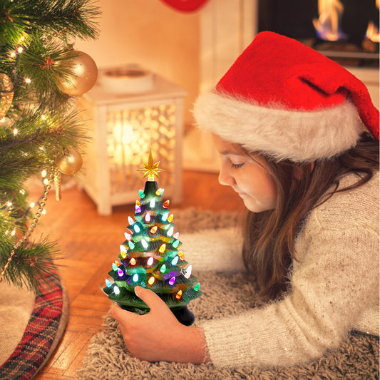 Topbuy 15'' Prelit Ceramic Tabletop Christmas Tree Green Hand-Painted Battery Powered w/ 66 Colorful Lights