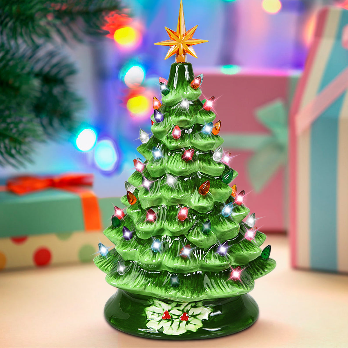 Topbuy 15'' Prelit Ceramic Tabletop Christmas Tree Green Hand-Painted Battery Powered w/ 66 Colorful Lights