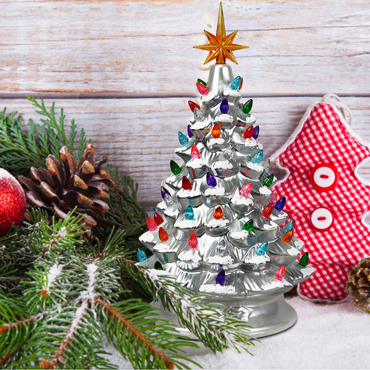 Topbuy 15'' Prelit Ceramic Tabletop Christmas Tree Silver Hand-Painted Battery Powered w/ 66 Colorful Lights