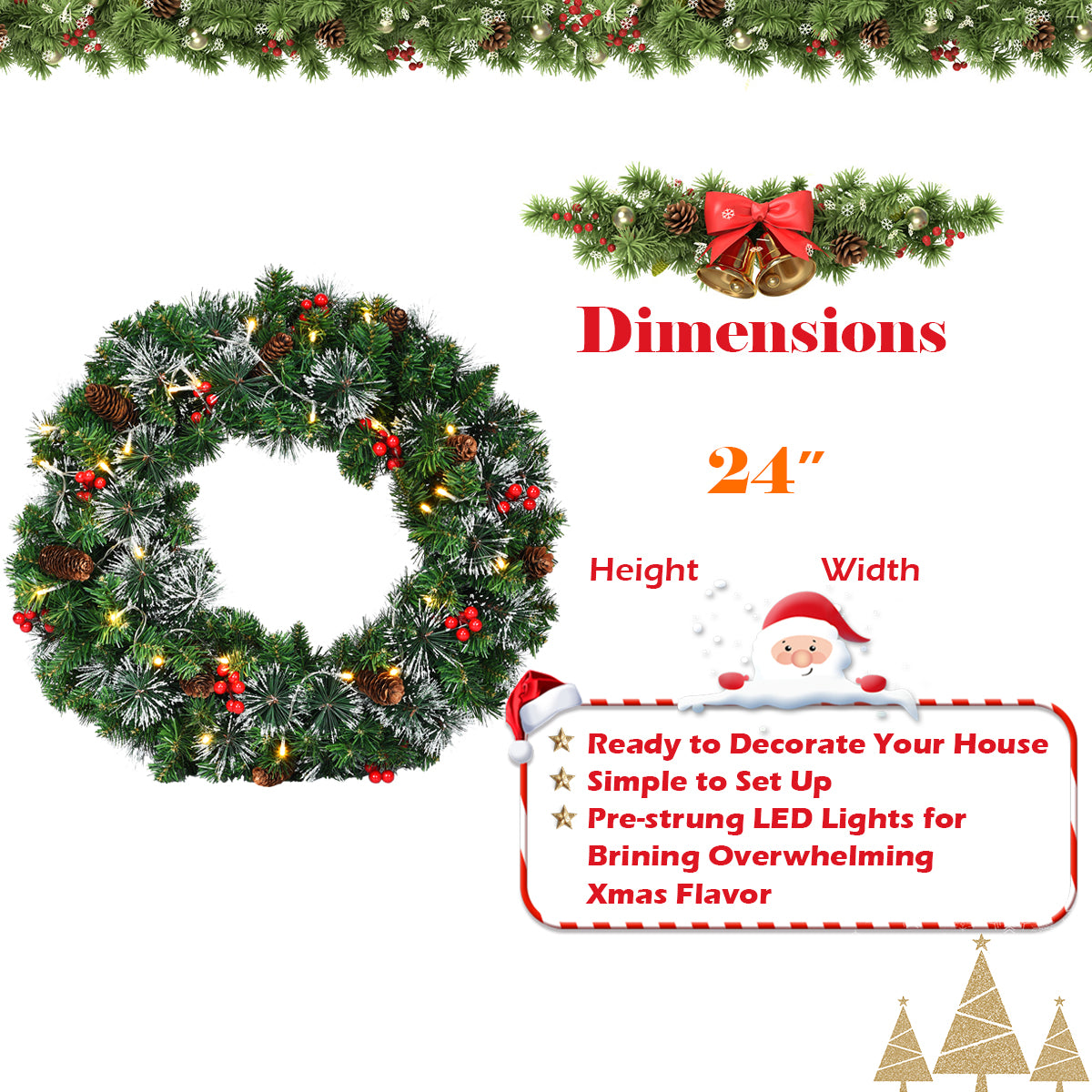 Topbuy 24 inches Round Christmas Wreath Pre-Lit Artificial Spruce Pinecone Red Berries w/ LED Lights