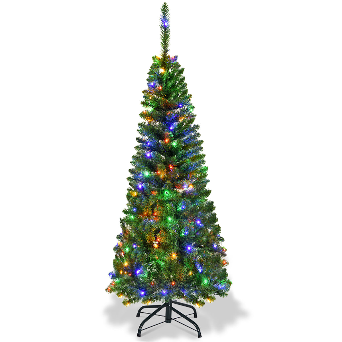 Topbuy 4.5ft Pencil Christmas Tree Pre-Lit Hinged Artificial Decoration w/ 150 Colorful Lights