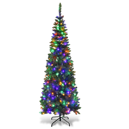 Topbuy 6.5ft Pencil Christmas Tree Pre-Lit Hinged Artificial Decoration w/ 250 Colorful Lights