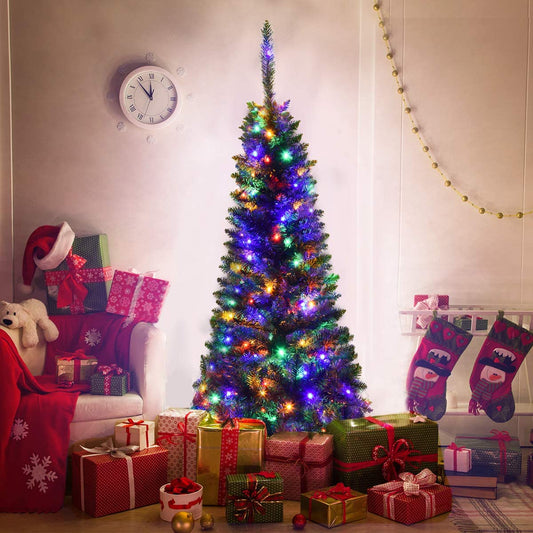 Topbuy 6.5ft Pencil Christmas Tree Pre-Lit Hinged Artificial Decoration w/ 250 Colorful Lights