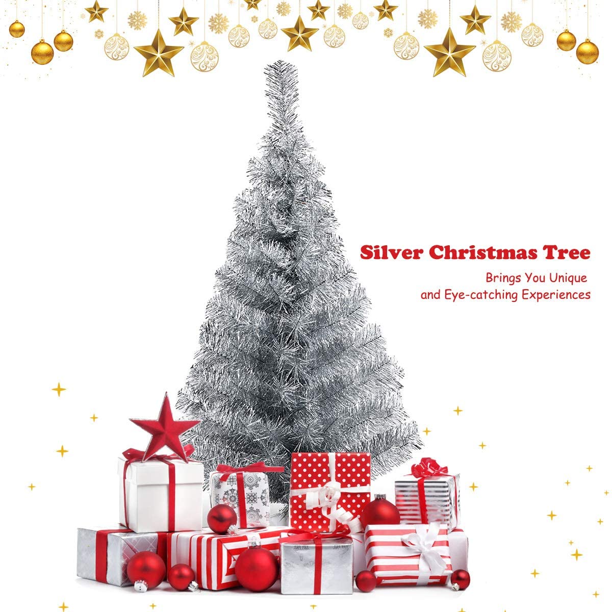 Topbuy 3FT Silver Electroplated Pencil Tree Tinsel Unlit Christmas Tree Artificial 105 Branch Tips