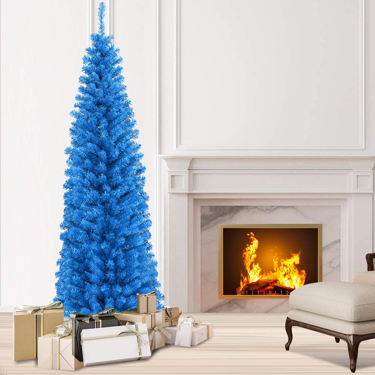 Topbuy 6FT Blue Tinsel Artificial Pencil Christmas Tree w/ Sturdy Metal Stand Seasonal Holiday Decoration for Home, Party