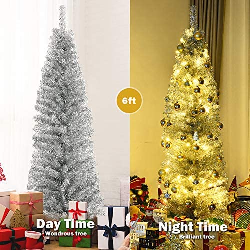 Topbuy 6FT Silver Slim Pencil Tree Tinsel Unlit Christmas Tree Artificial 520 Branch Tip