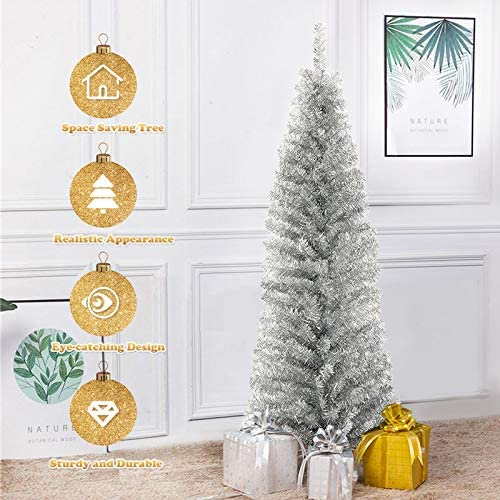 Topbuy 6FT Silver Slim Pencil Tree Tinsel Unlit Christmas Tree Artificial 520 Branch Tip