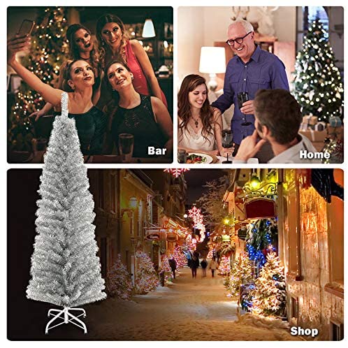 Topbuy 6FT Silver Slim Pencil Tree Tinsel Unlit Christmas Tree Artificial 520 Branch Tip