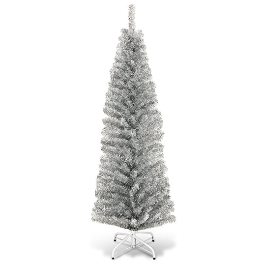 Topbuy 6FT Silver Slim Pencil Tree Tinsel Unlit Christmas Tree Artificial 520 Branch Tip