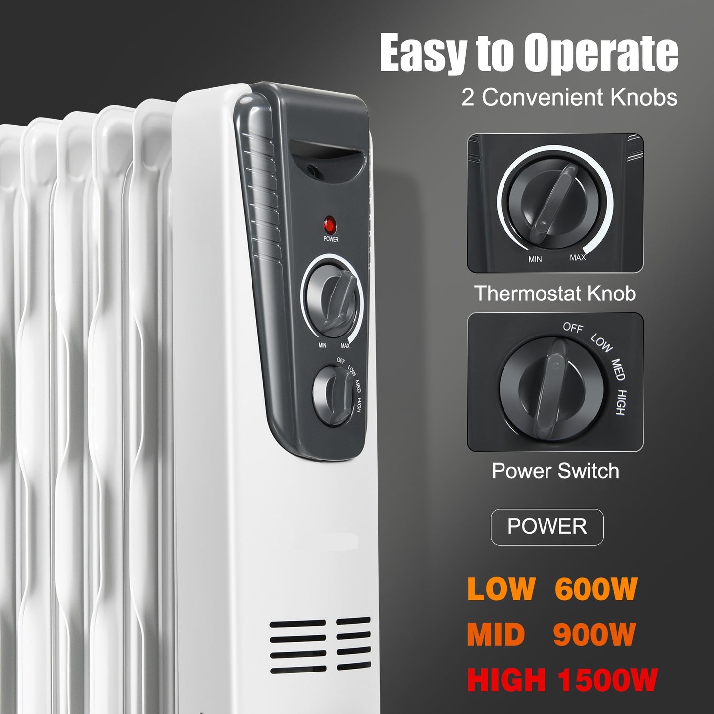 Topbuy 1500W Oil Filled Radiator  5.7 Fin Thermostat Room Radiant Electric Space Heater