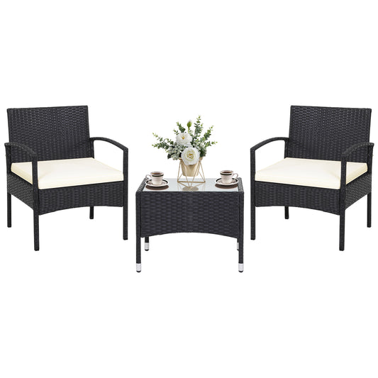 Patiojoy 3PCS Wicker Rattan Furniture Patio Coffee Table Chair w/ Washable Cushion