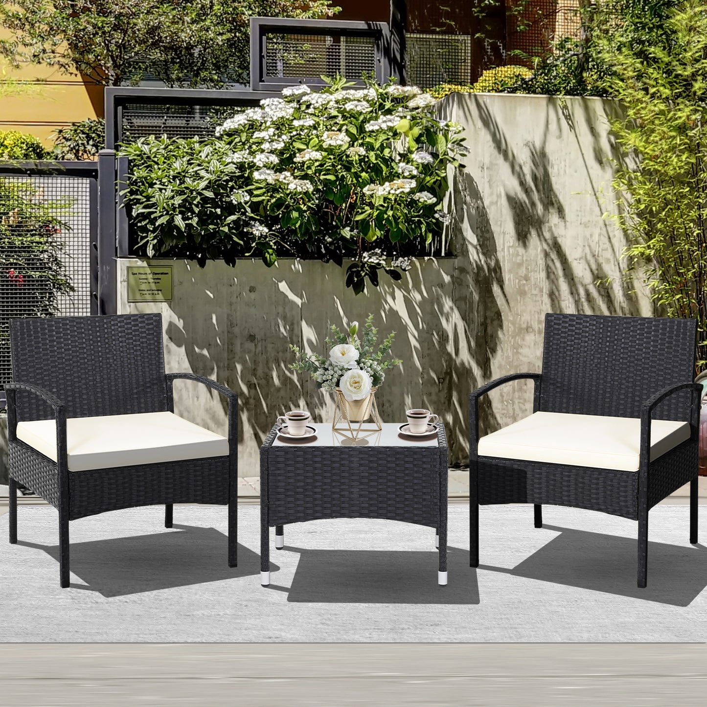 Patiojoy 3PCS Wicker Rattan Furniture Patio Coffee Table Chair w/ Washable Cushion