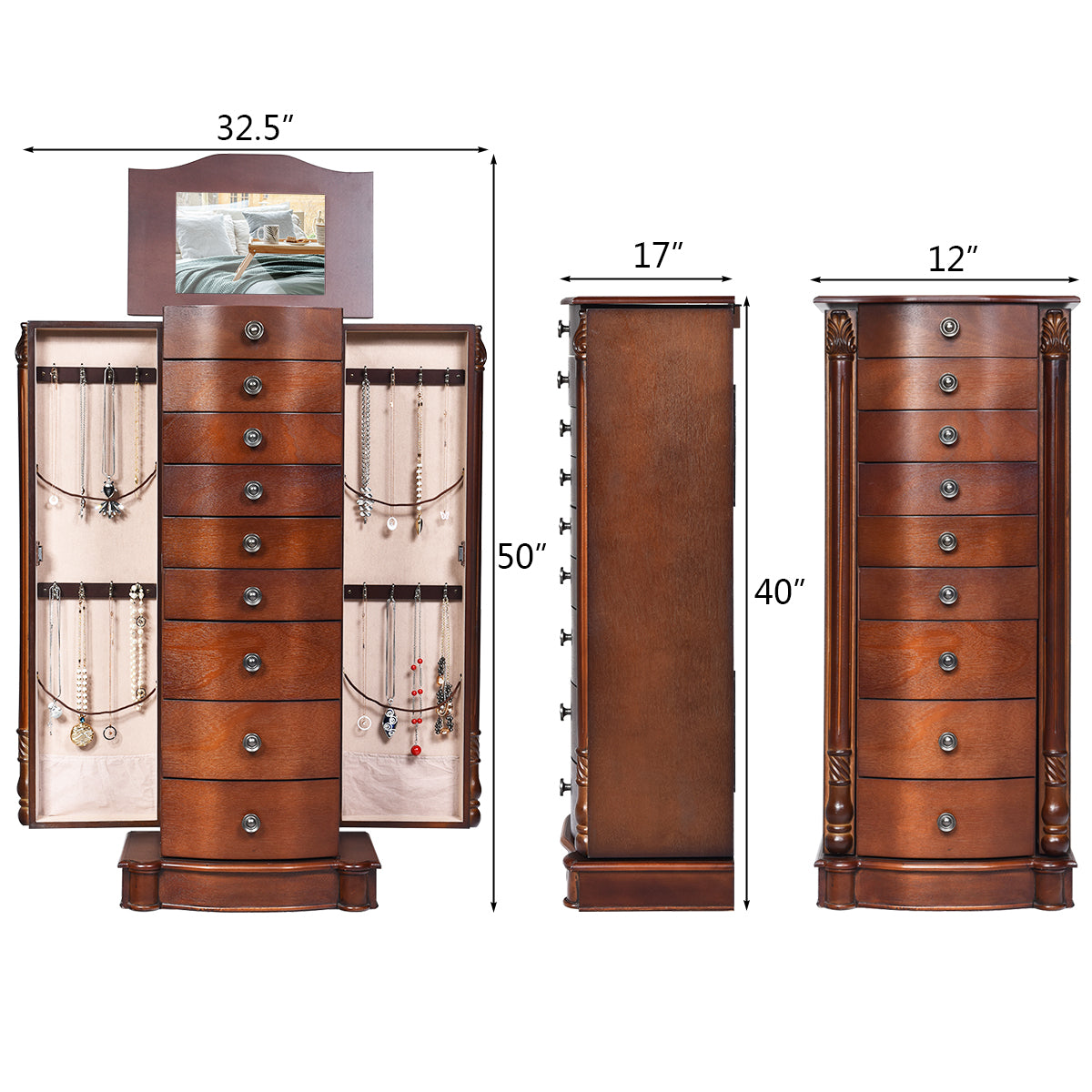 Topbuy 8 Drawers Old-fashioned Jewelry Cabinet Vanity Makeup Set Brown