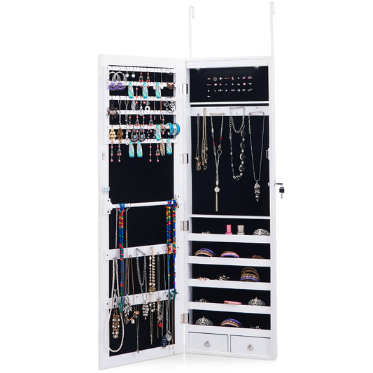 Topbuy Lockable Wall Mounted Mirrored Jewelry Organizer White Armoire Cabinet w/ LED Lights