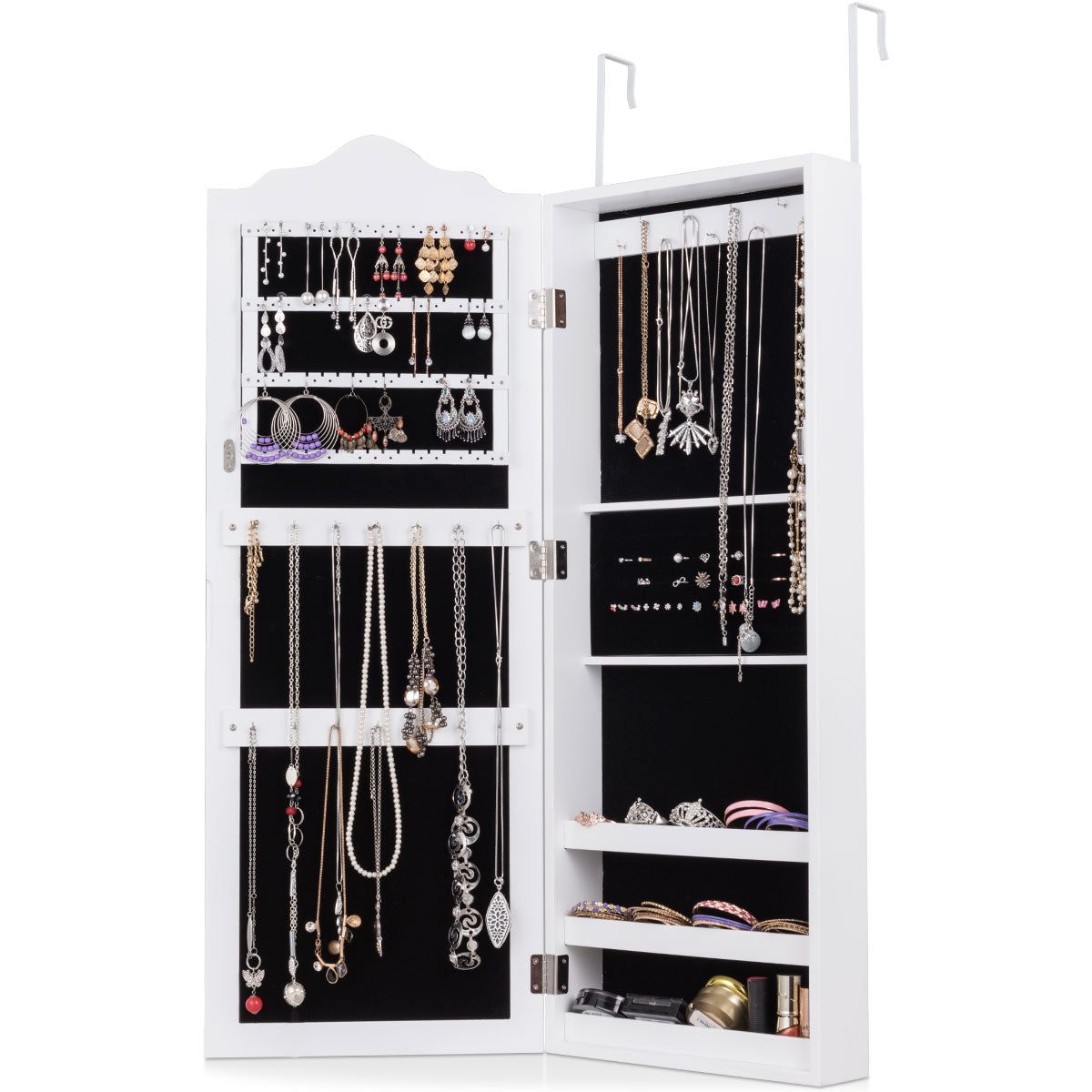 Topbuy Lockable Wall Mounted Mirrored Jewelry Organizer White Armoire Cabinet